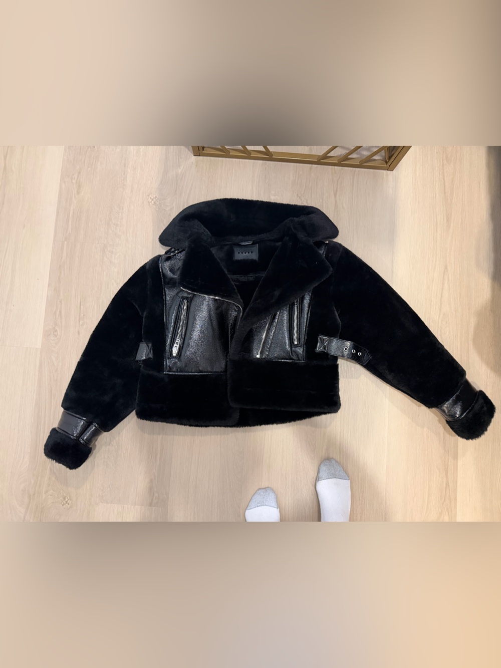 Blank NYC Black Faux Shearling Jacket with Leather Panels